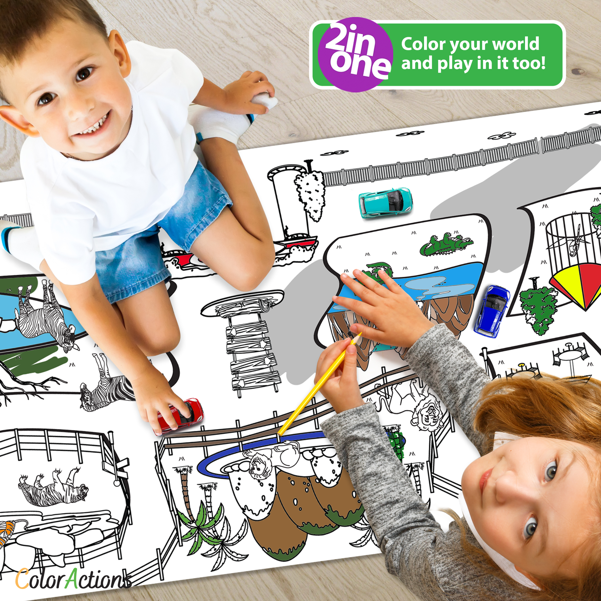 Kids coloring large 2 in 1 paper poster and playing with cars on it. 